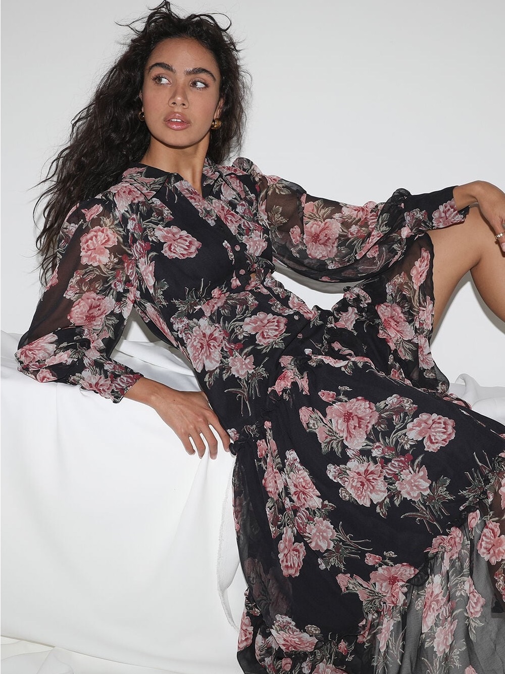 Bardot Black Maxi Dress with Pink Rose Floral Print